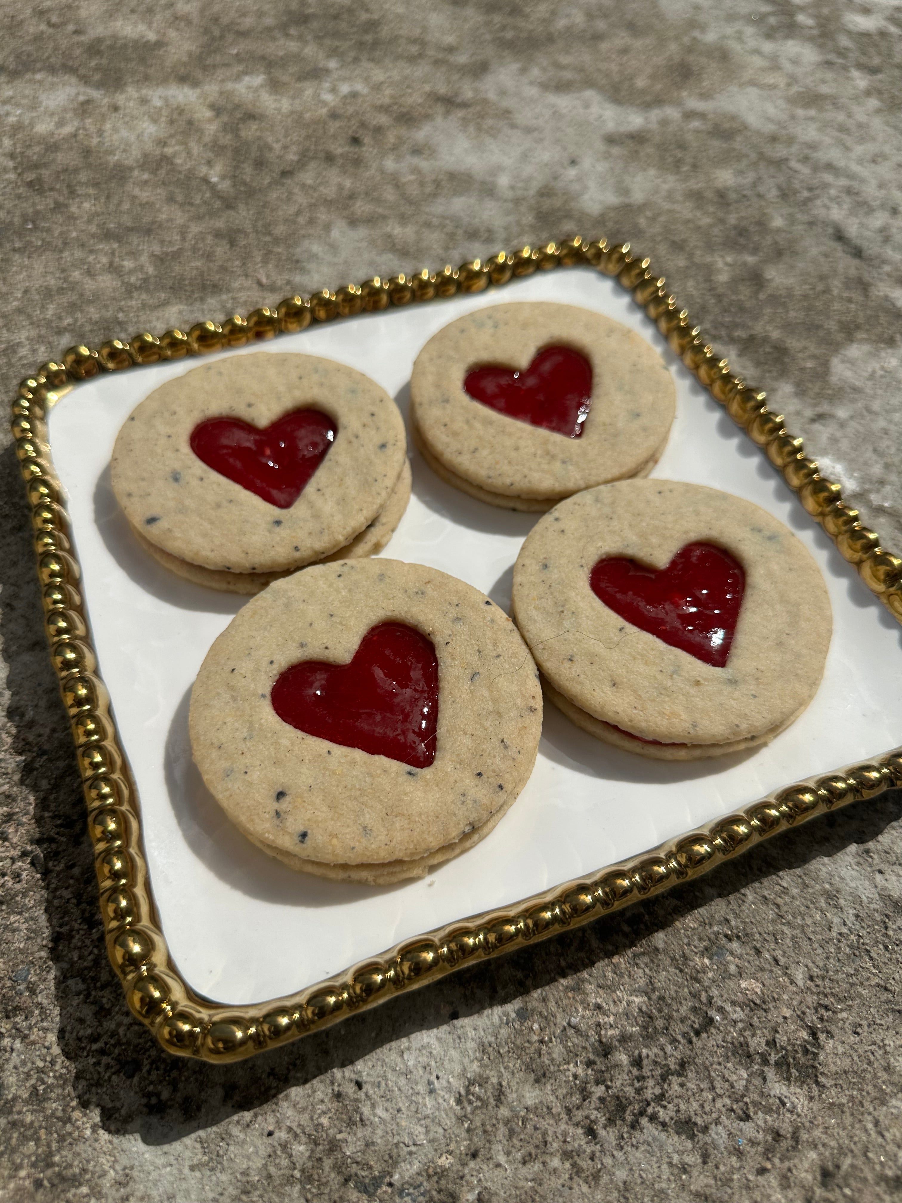 Black Sesame Heart Window Cookies with Raspberry Jam – Box of 6 or 12